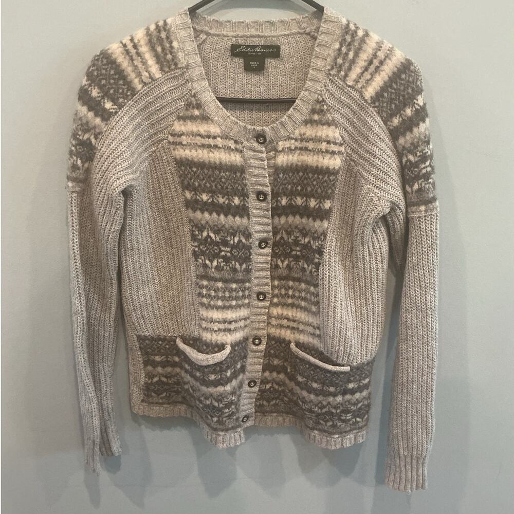 Vintage Eddie‎ Bauer Womens Fair Isle Lambswool Blend Cardigan Sweater Size S